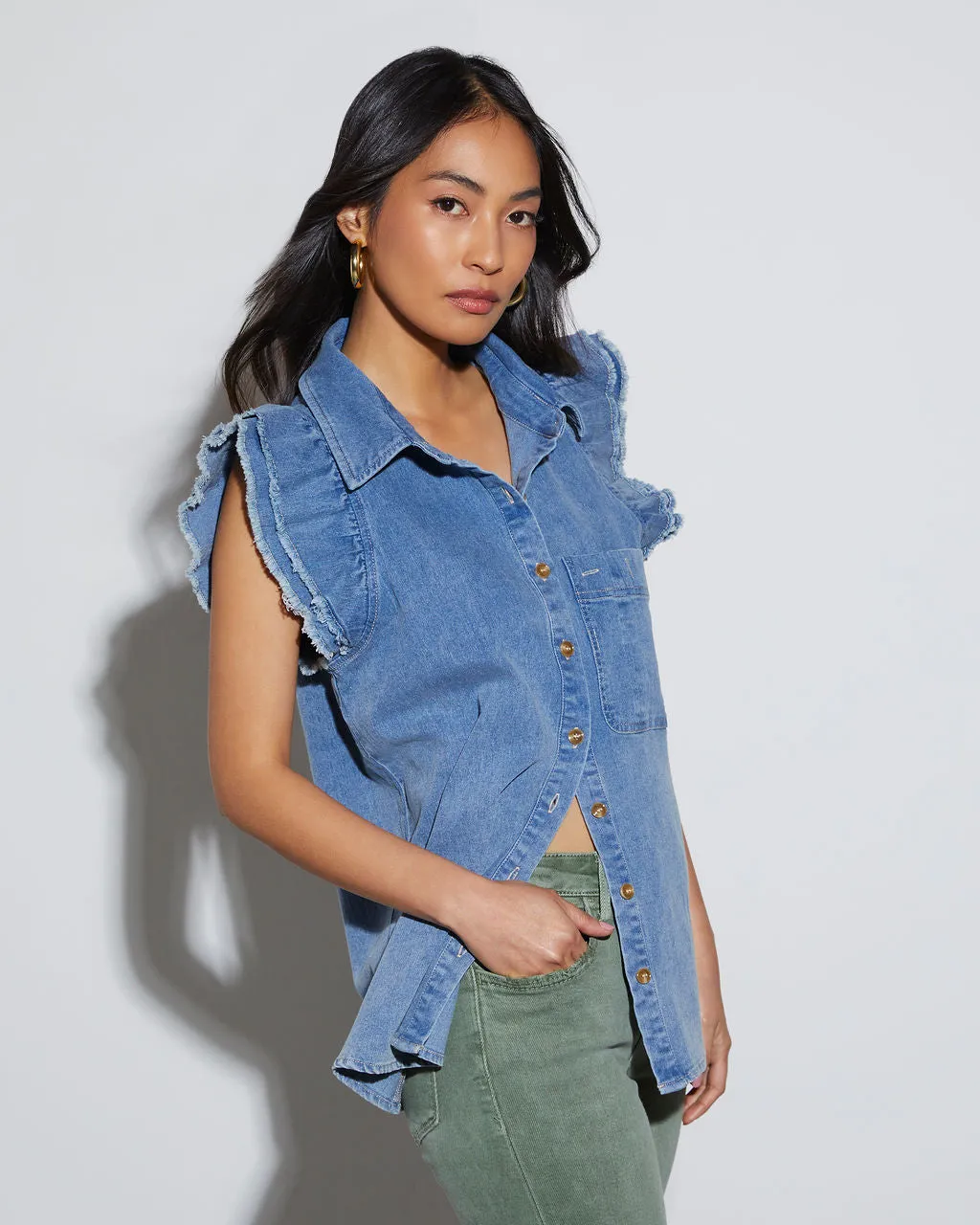 Drita Denim Frayed Ruffle Button Up Top sold by Vici product image thumbnail 3