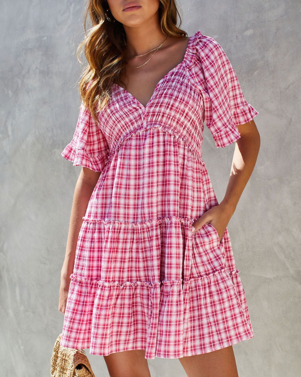 Libertine Plaid Smocked Pocketed Babydoll Dress - Berry/Pink - FINAL SALE sold by Vici product image thumbnail 5