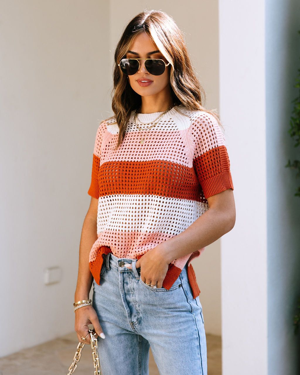 Here Comes The Sun Crochet Knit Stripe Top sold by Vici