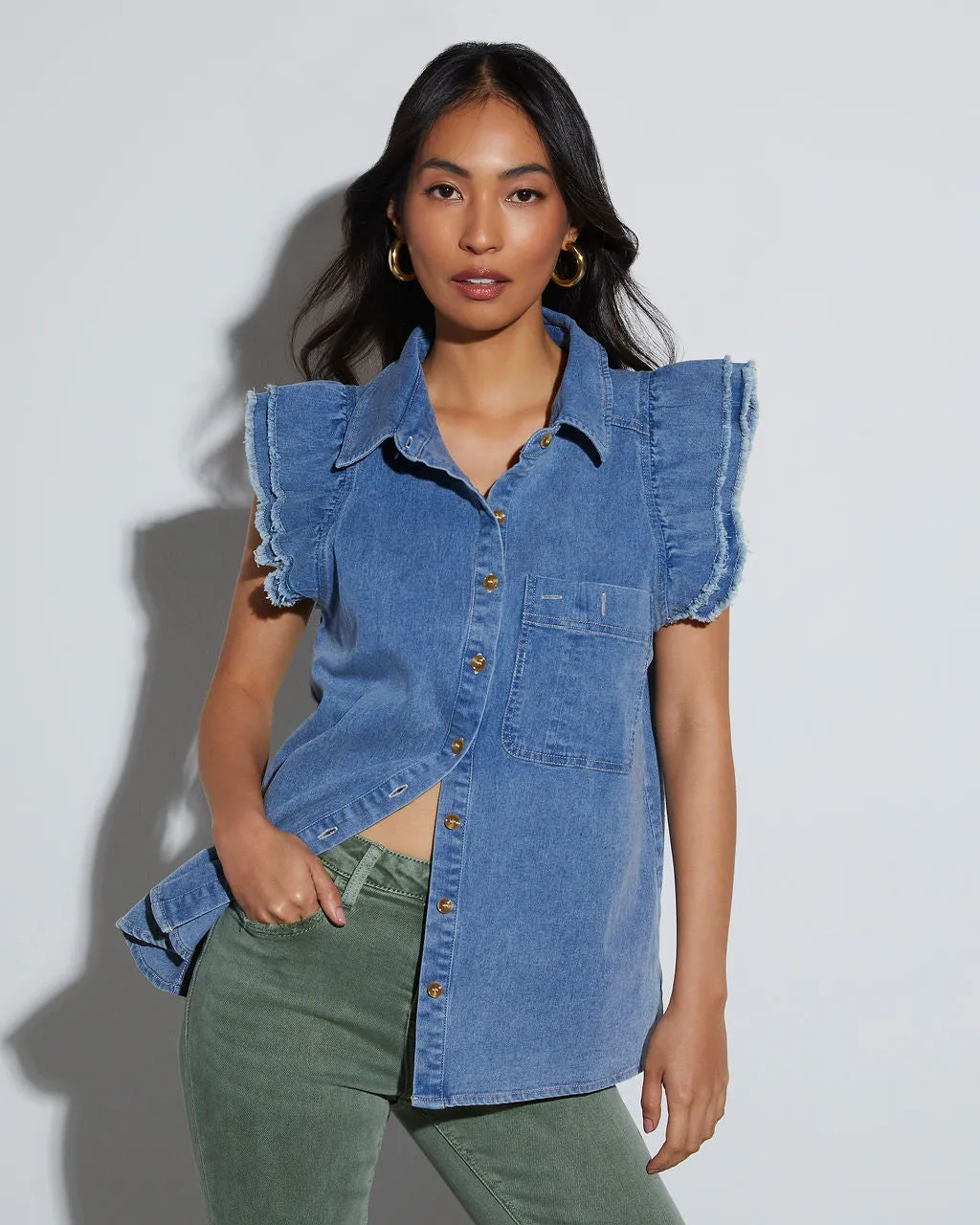 Drita Denim Frayed Ruffle Button Up Top sold by Vici