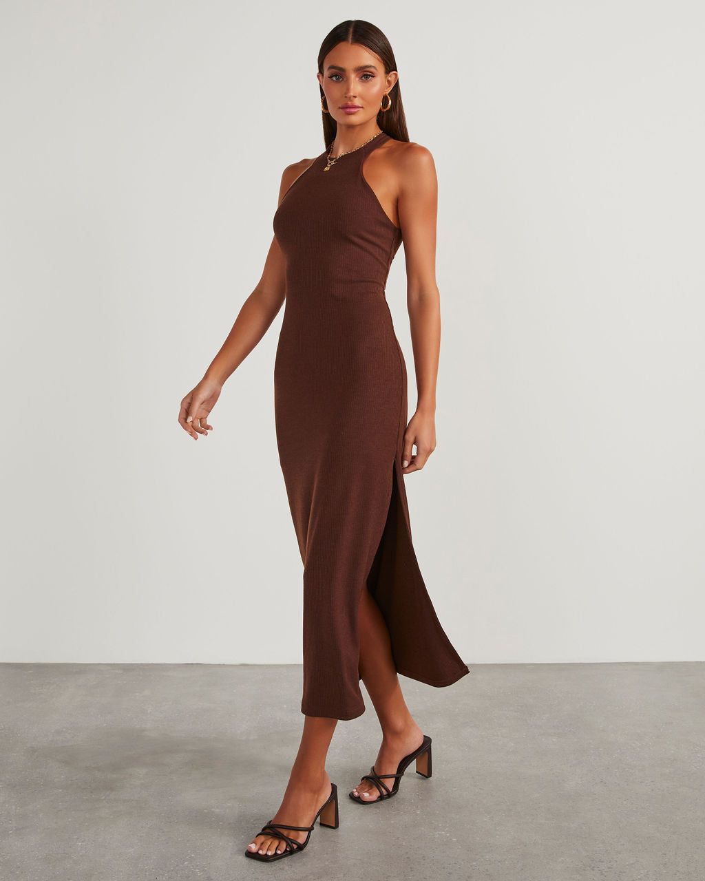 Constancia Ribbed Slit Midi Dress - Dark Brown - SALE sold by Vici product image thumbnail 2