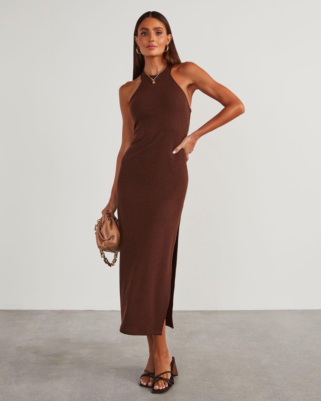 Constancia Ribbed Slit Midi Dress - Dark Brown - SALE sold by Vici
