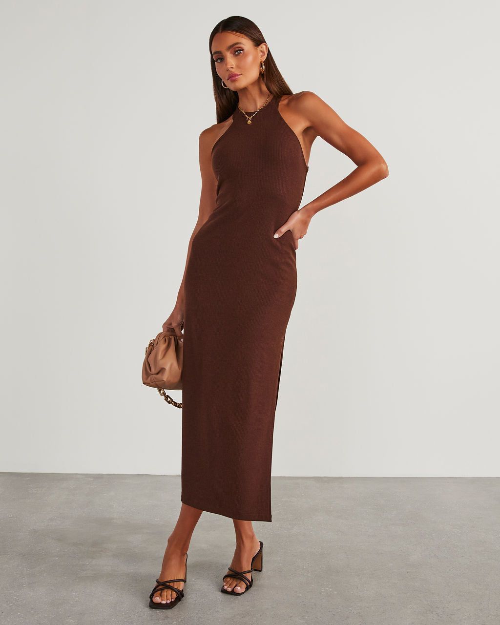 Constancia Ribbed Slit Midi Dress - Dark Brown - SALE sold by Vici product image thumbnail 6