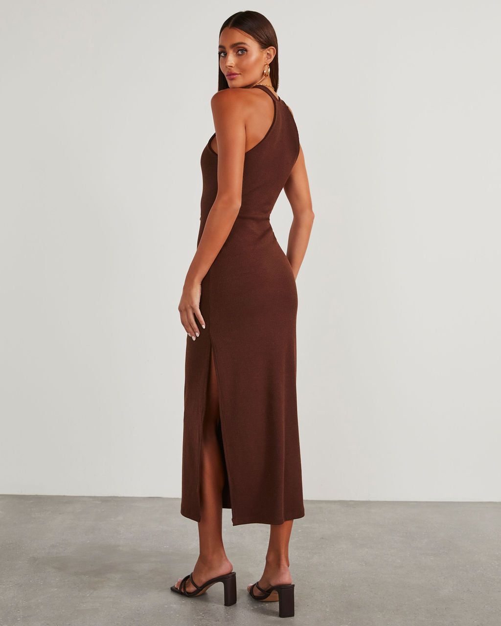 Constancia Ribbed Slit Midi Dress - Dark Brown - SALE sold by Vici product image thumbnail 4