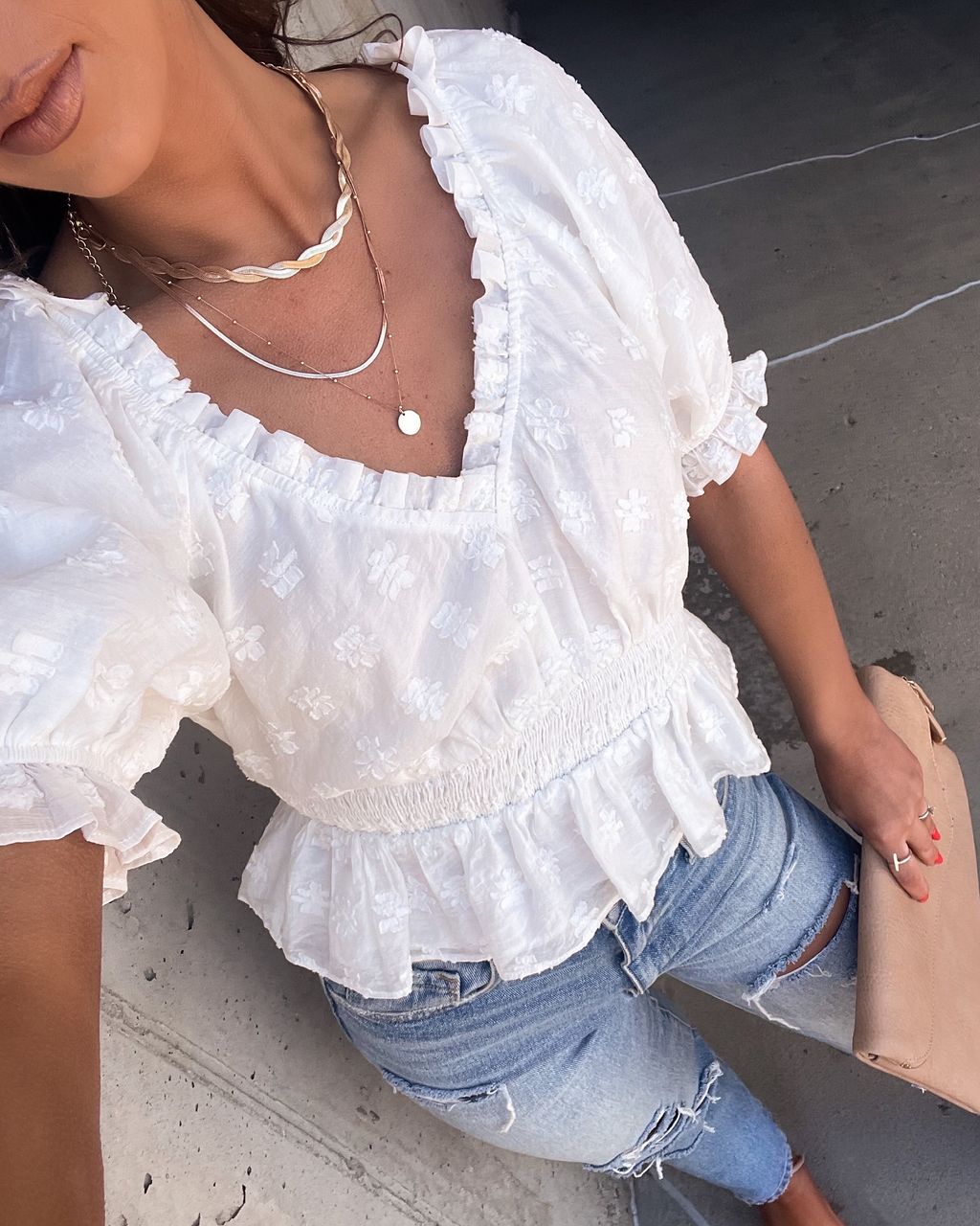 Ever So Sweet Floral Textured Puff Sleeve Peplum Top - White - FINAL SALE sold by Vici product image thumbnail 6