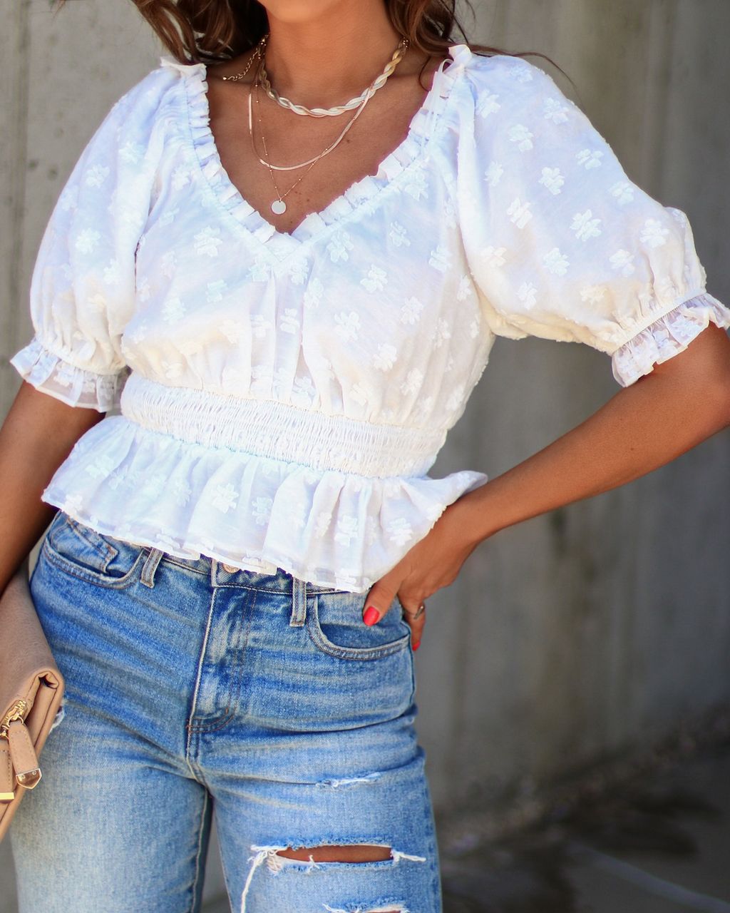 Ever So Sweet Floral Textured Puff Sleeve Peplum Top - White - FINAL SALE sold by Vici product image thumbnail 2