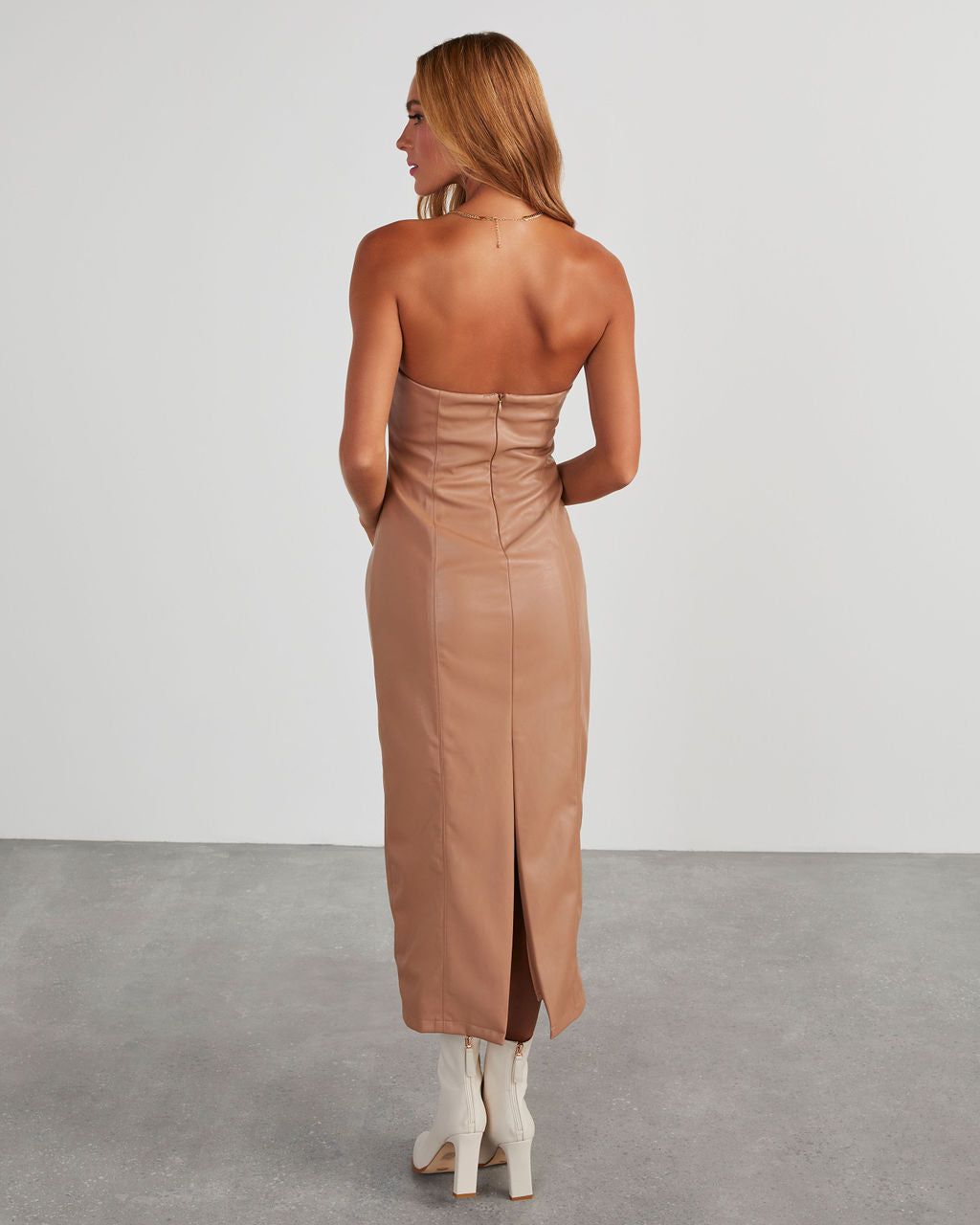 Reeva Strapless Faux Leather Midi Dress - Tan sold by Vici product image thumbnail 4