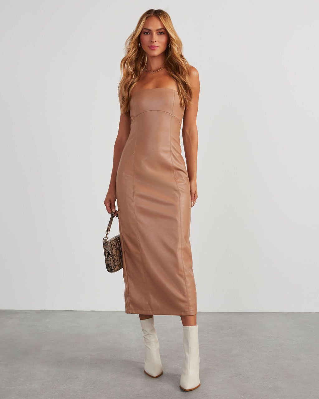 Reeva Strapless Faux Leather Midi Dress - Tan sold by Vici