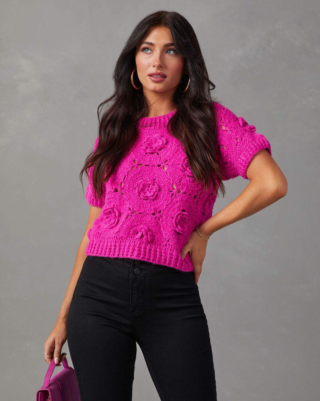 Rosette Short Sleeve Knit Sweater - Hot Pink sold by Vici