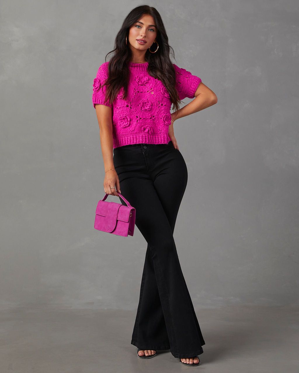 Rosette Short Sleeve Knit Sweater - Hot Pink sold by Vici product image thumbnail 2
