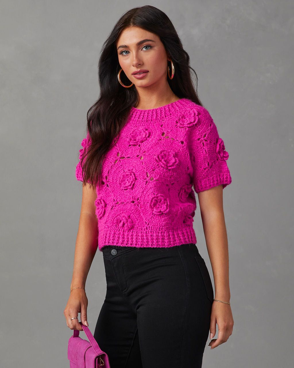 Rosette Short Sleeve Knit Sweater - Hot Pink sold by Vici product image thumbnail 3
