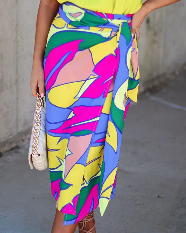 Off In Paradise Printed Wrap Midi Skirt sold by Vici