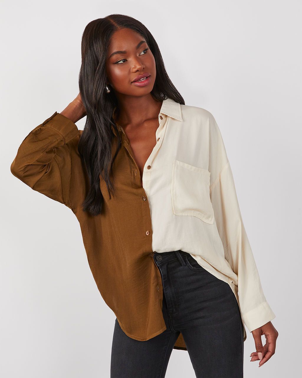 Bridgette Colorblock Satin Button Down Top sold by Vici