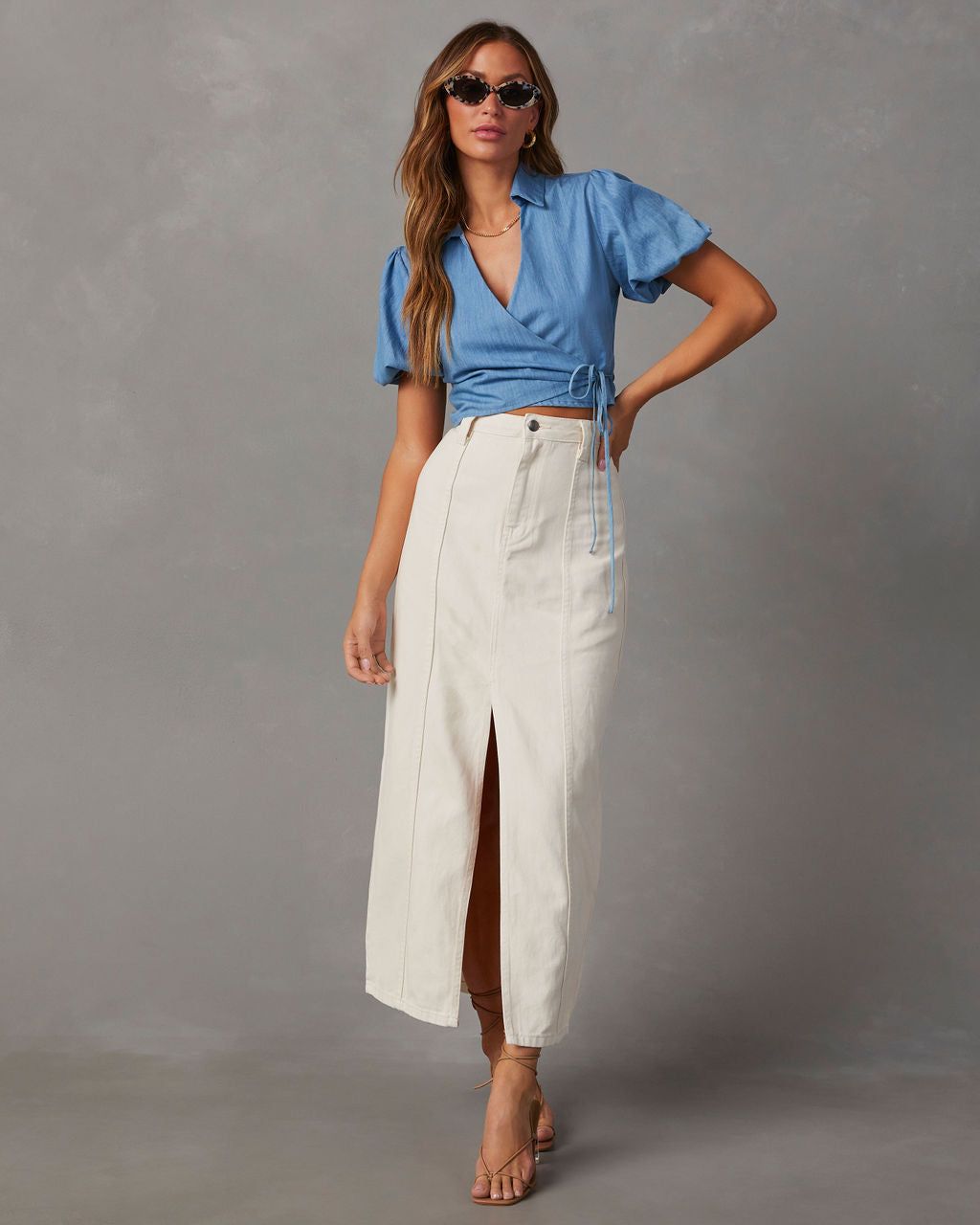 Allena Woven Wrap Top - Denim Blue sold by Vici product image thumbnail 6