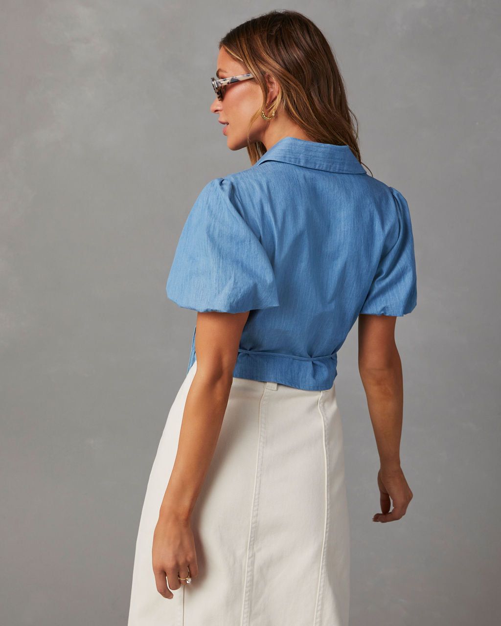 Allena Woven Wrap Top - Denim Blue sold by Vici product image thumbnail 4