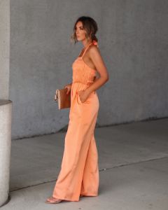 Aria Satin Smocked Pocketed Jumpsuit - Dusty Orange - FINAL SALE sold by Vici