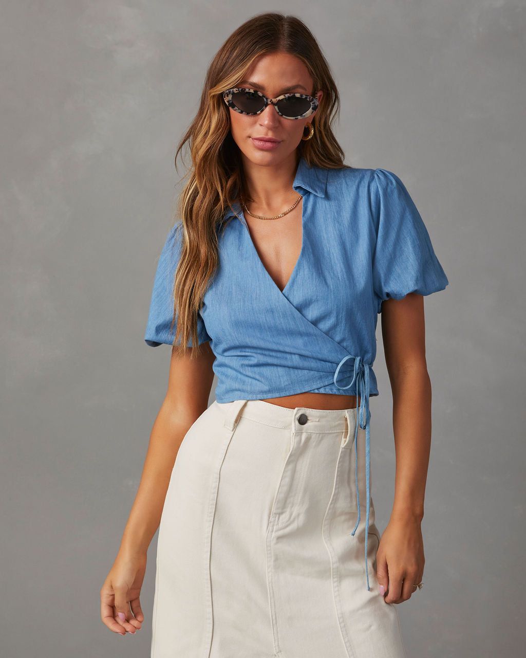 Allena Woven Wrap Top - Denim Blue sold by Vici product image thumbnail 5