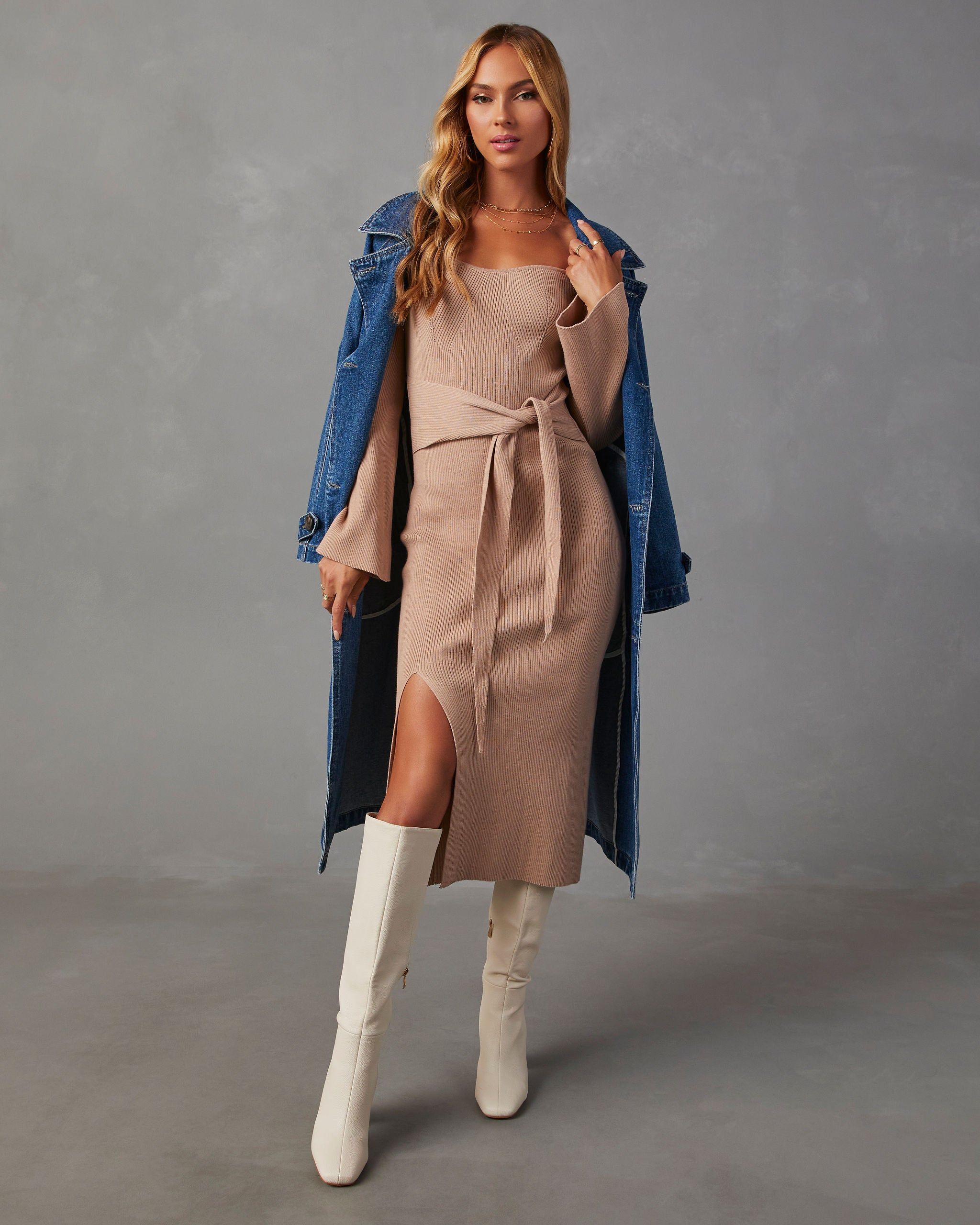 Ritchie Tie Waist Sweater Midi Dress - Tan sold by Vici product image thumbnail 2