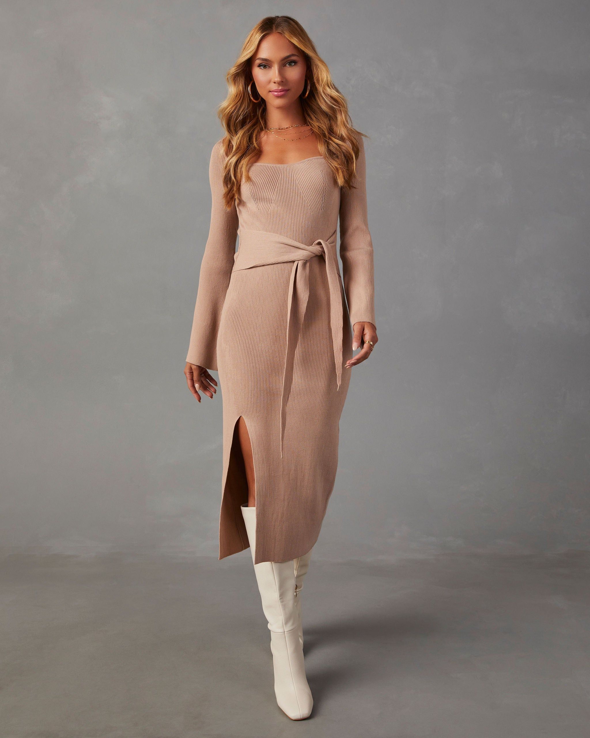 Ritchie Tie Waist Sweater Midi Dress - Tan sold by Vici