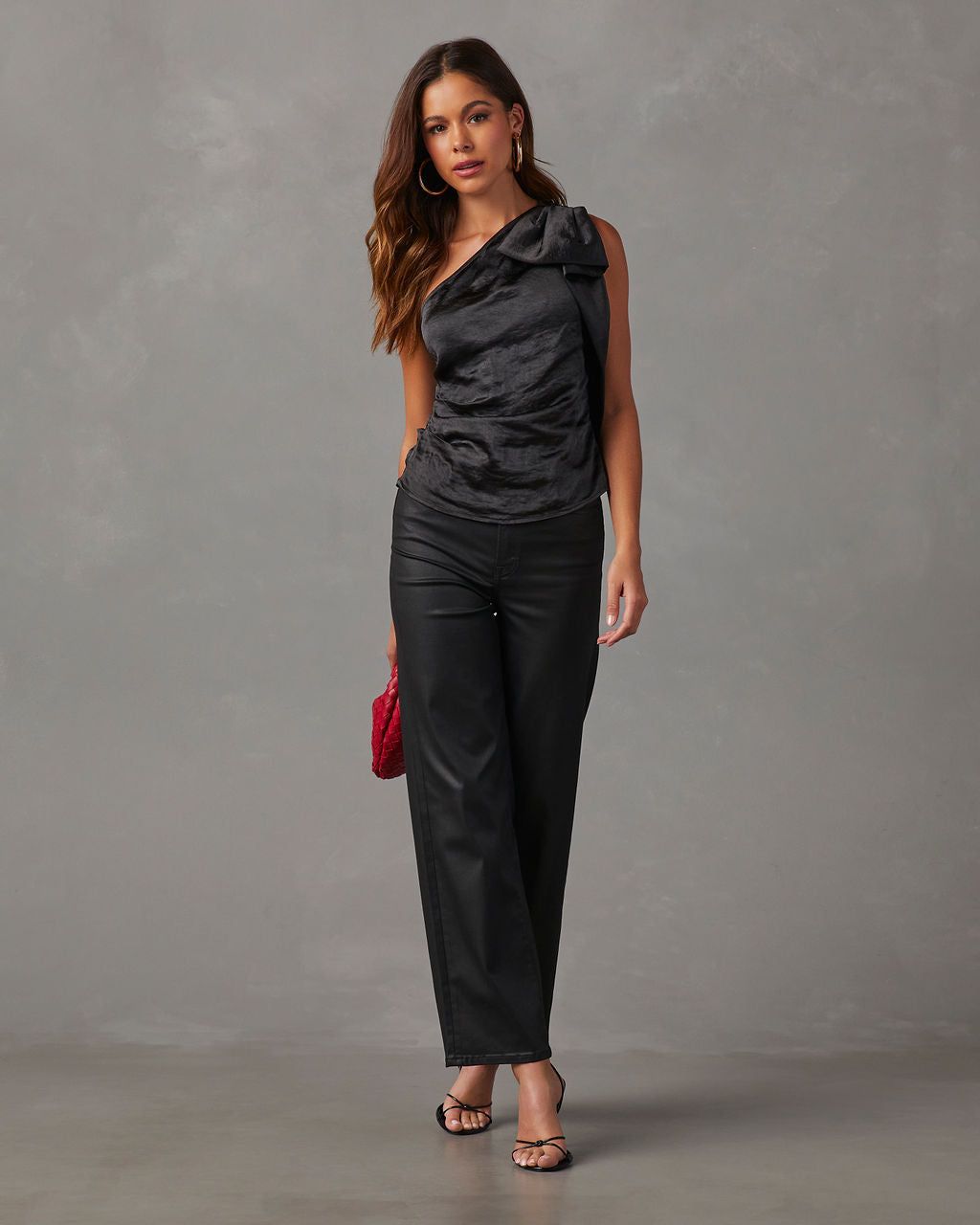 Preppy Business Satin One Shoulder Ruffle Top - Black sold by Vici product image thumbnail 6