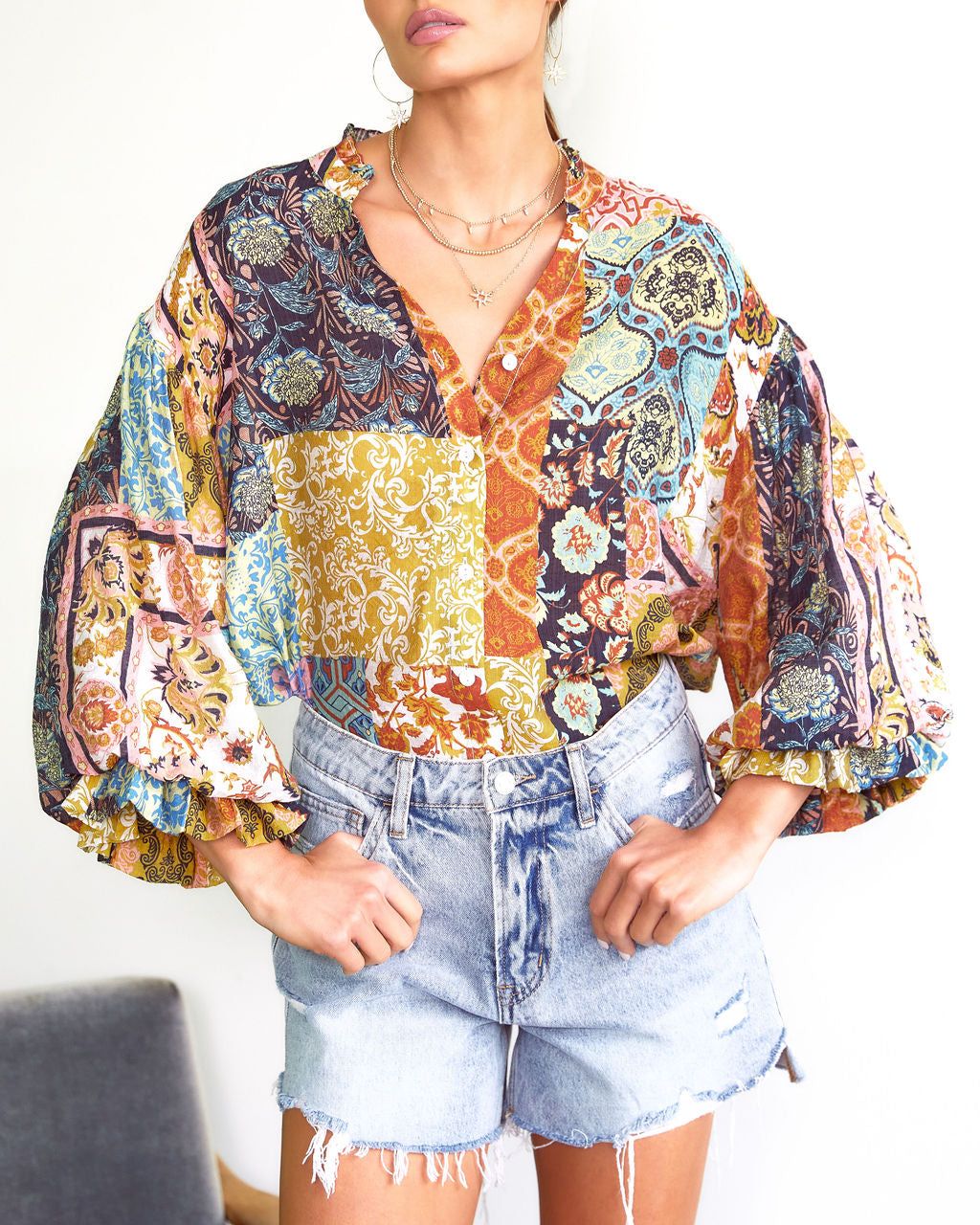 Myah Patchwork Balloon Sleeve Button Down Top sold by Vici
