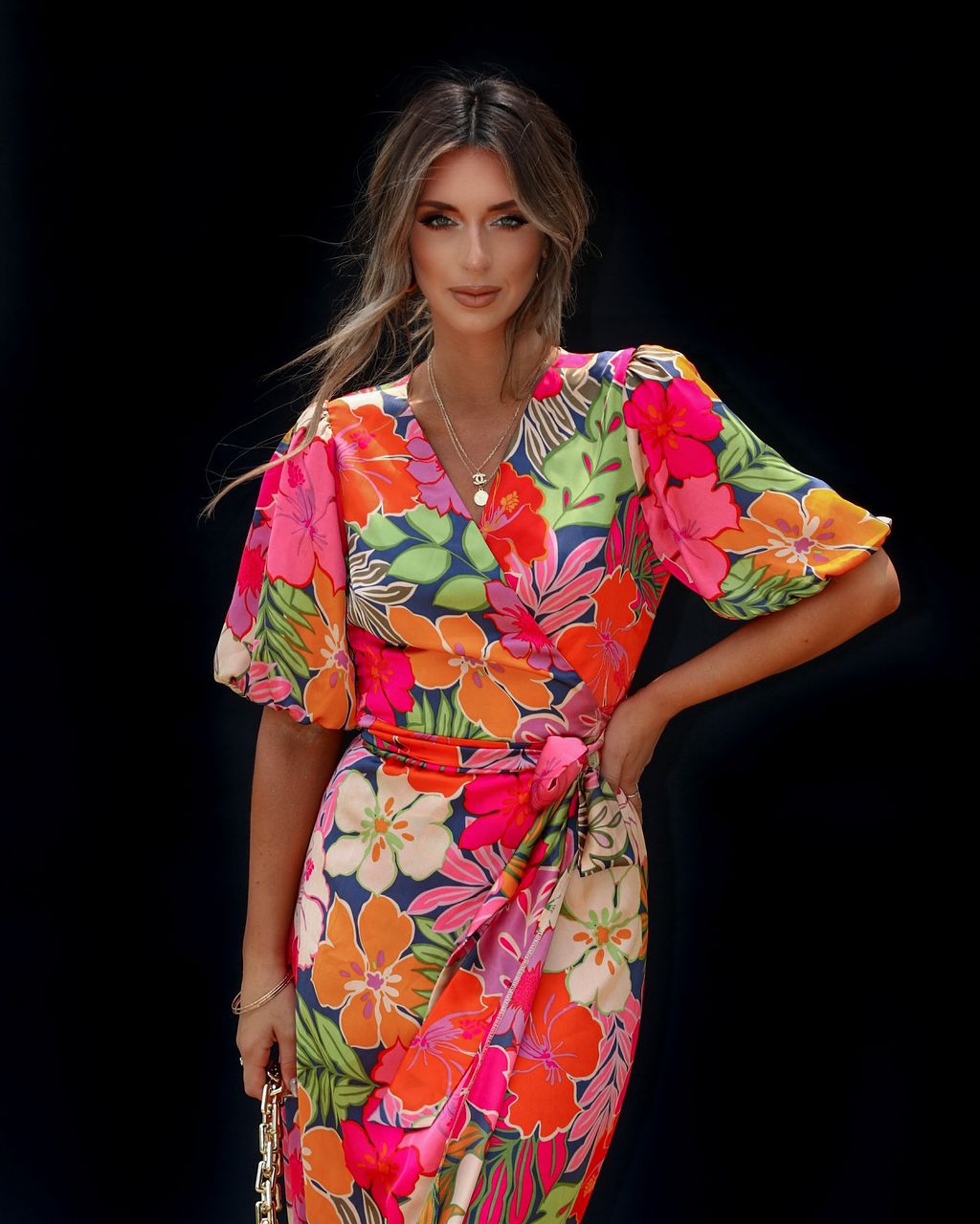 Sunset Drinks Floral Wrap Midi Dress - Tropical sold by Vici product image thumbnail 2