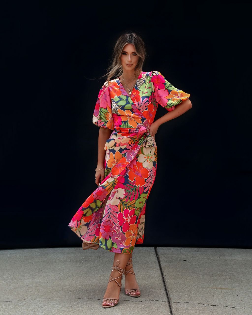 Sunset Drinks Floral Wrap Midi Dress - Tropical sold by Vici product image thumbnail 3