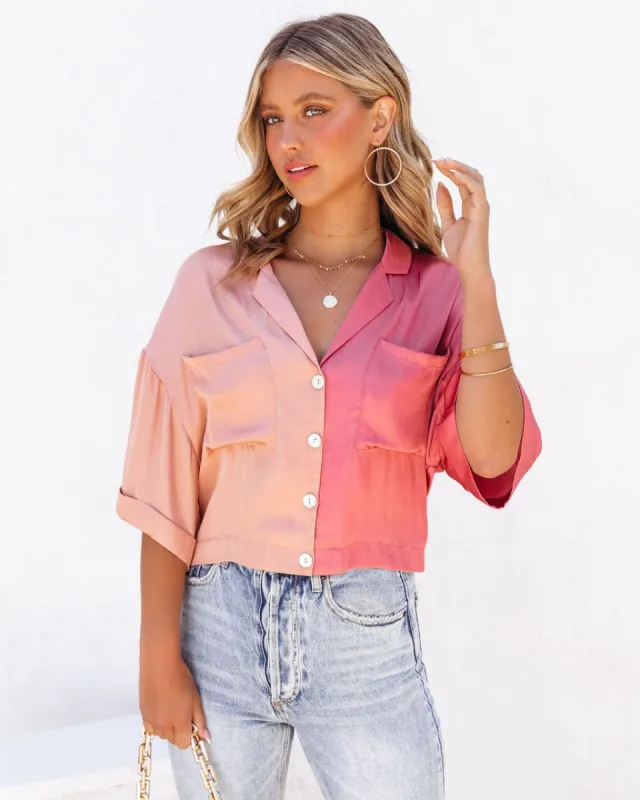 Catch Feels Satin Colorblock Button Down Top sold by Vici