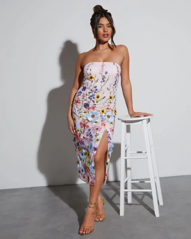 Cassie Strapless Floral Embroidered Midi Dress sold by Vici