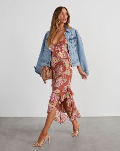 Safia Floral Ruffle Slip Midi Dress sold by Vici