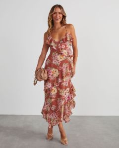 Safia Floral Ruffle Slip Midi Dress sold by Vici