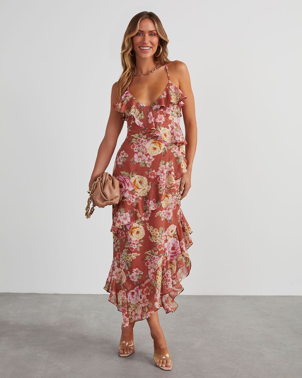 Safia Floral Ruffle Slip Midi Dress sold by Vici
