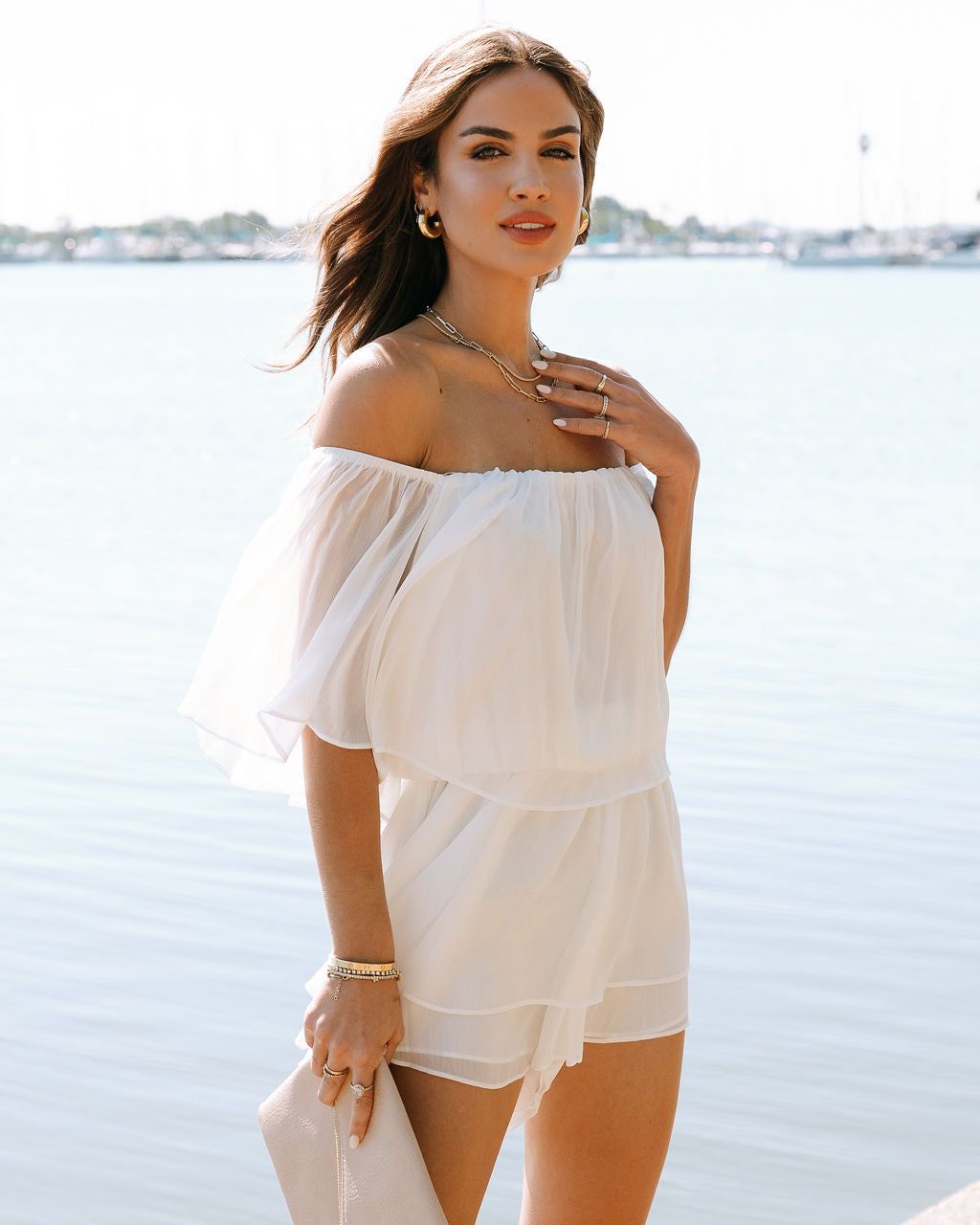 Heaven Sent Off The Shoulder Chiffon Romper - White - FINAL SALE sold by Vici product image thumbnail 6