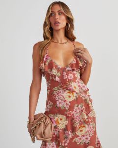 Safia Floral Ruffle Slip Midi Dress sold by Vici