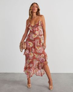 Safia Floral Ruffle Slip Midi Dress sold by Vici
