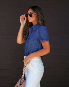 Wylder Denim Button Up Short Sleeve Top sold by Vici