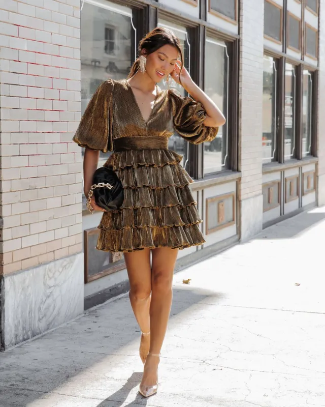 All Is Bright Metallic Tiered Mini Dress sold by Vici