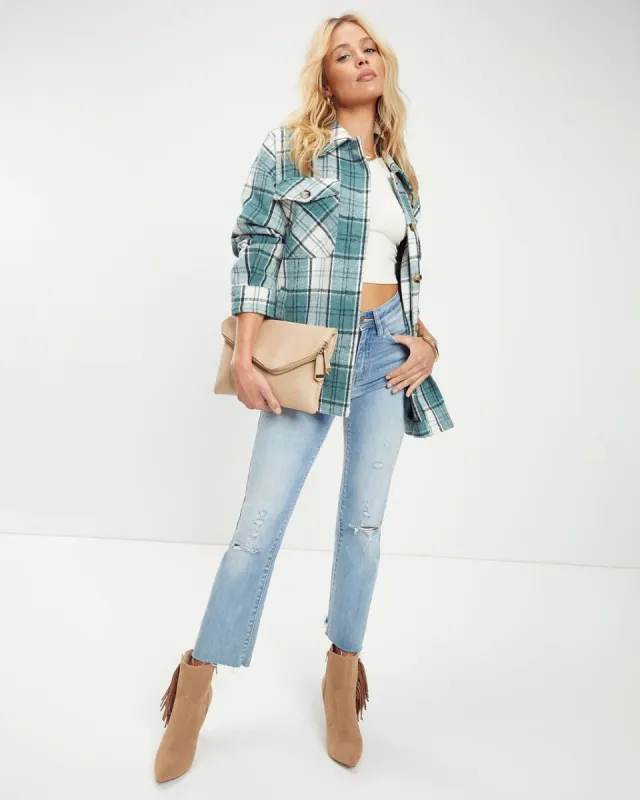 Typical Fall Pocketed Plaid Shacket sold by Vici