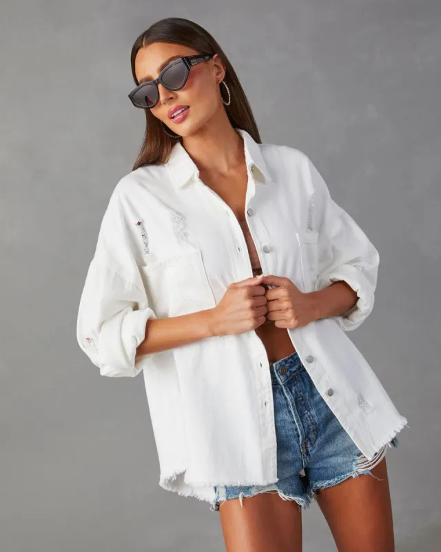 Thinking Out Loud Cotton Distressed Denim Jacket - Off White - SALE sold by Vici