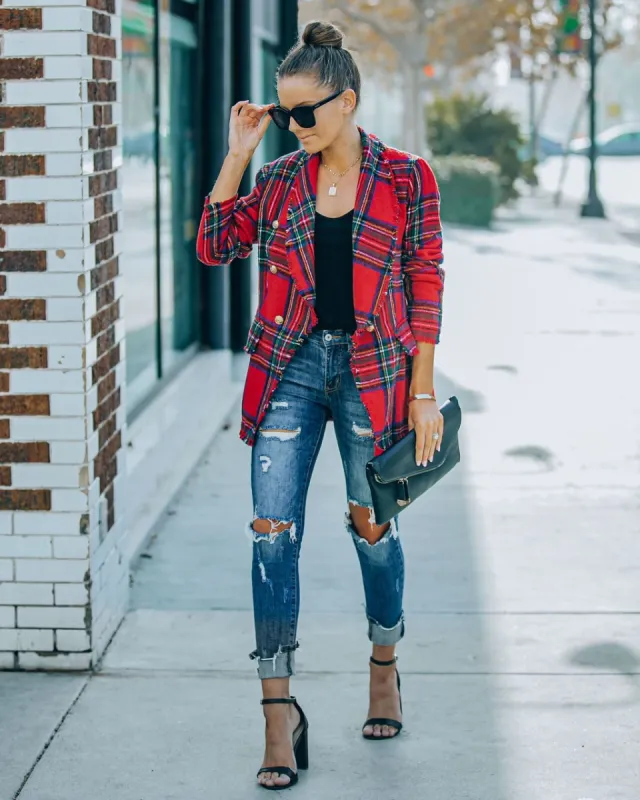 Be Festive Pocketed Plaid Blazer - Red - FINAL SALE made by Vici