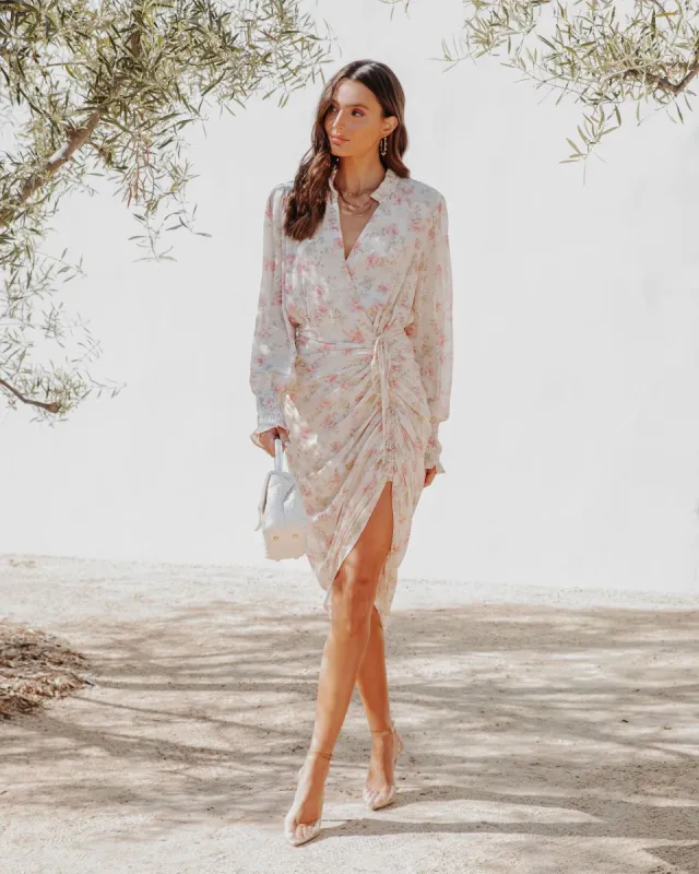 Spill The Tea Floral Chiffon Drape Midi Dress sold by Vici