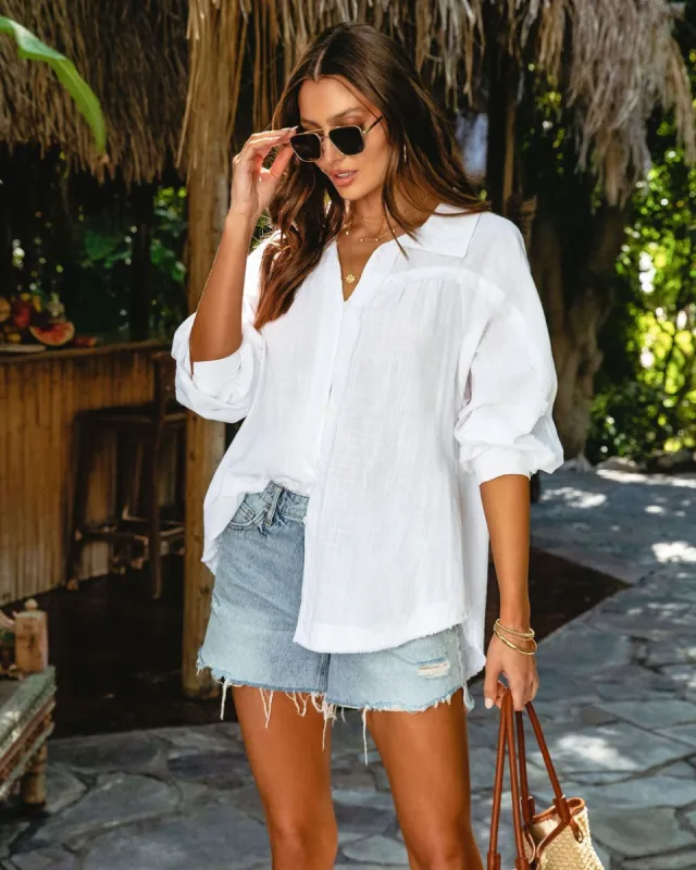 Alyson Button Down Frayed Hem Top sold by Vici