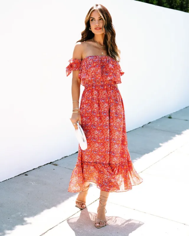 Santana Floral Tiered Off The Shoulder Midi Dress sold by Vici