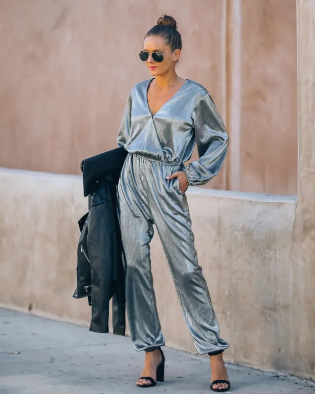 That's A Wrap Pocketed Plisse Jumpsuit - Silver - FINAL SALE made by Vici