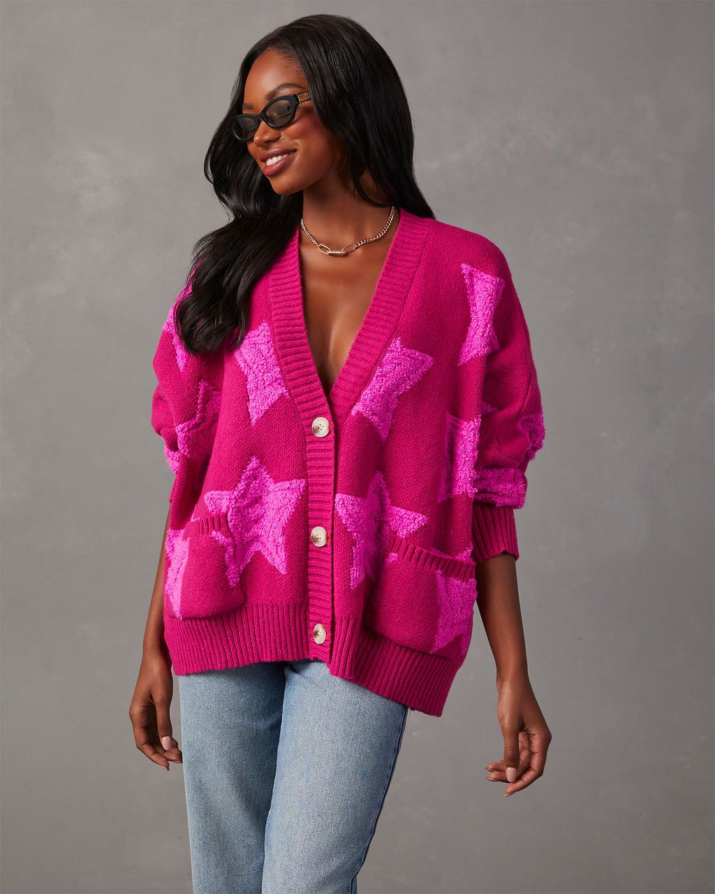 Chasing The Stars Pocketed Oversized Cardigan - Fuchsia sold by Vici product image thumbnail 6