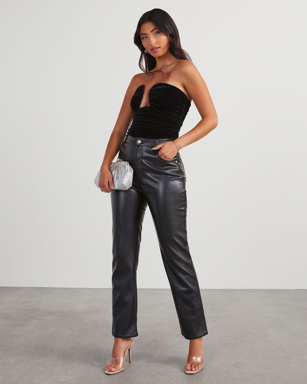 Jazlynn Velvet Strapless Ruched Cutout Bodysuit - Black sold by Vici product image thumbnail 6