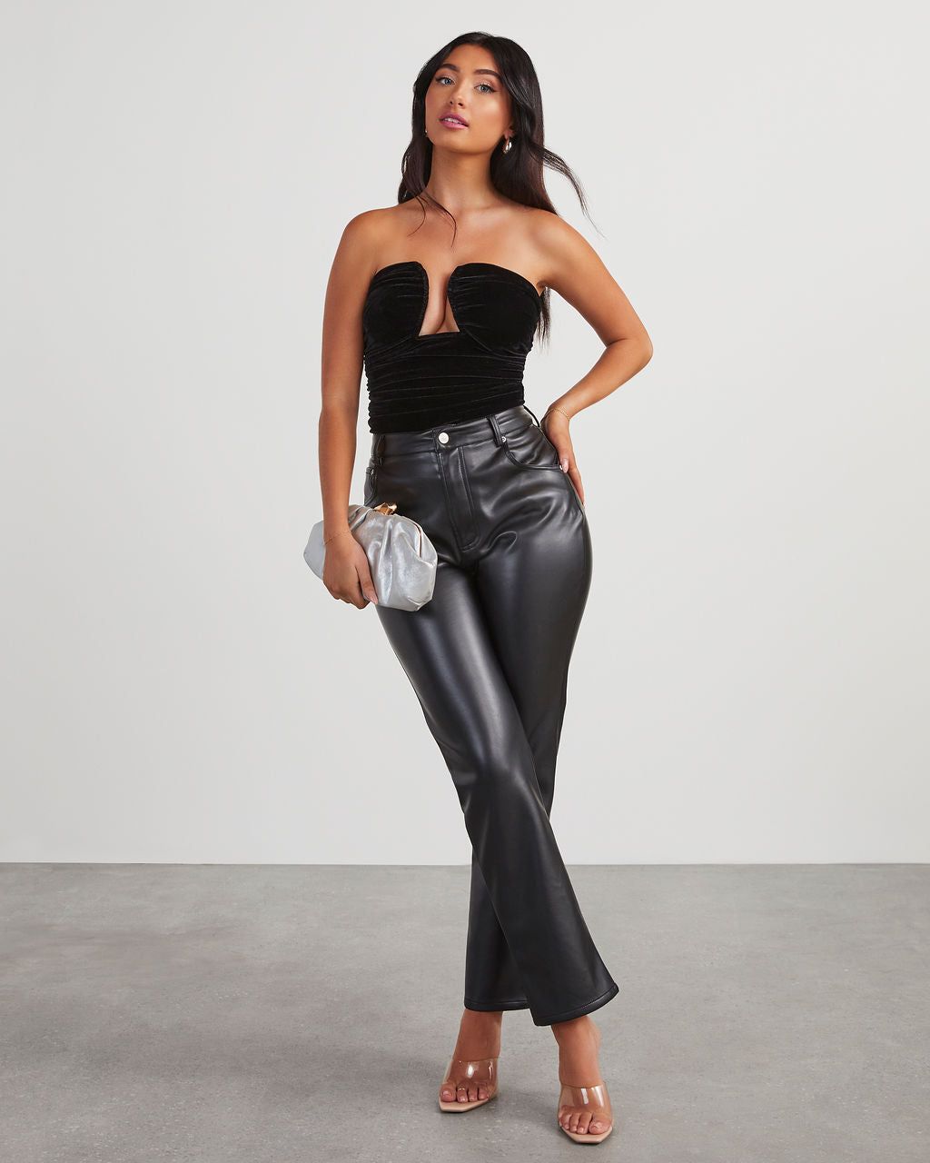 Jazlynn Velvet Strapless Ruched Cutout Bodysuit - Black sold by Vici product image thumbnail 2
