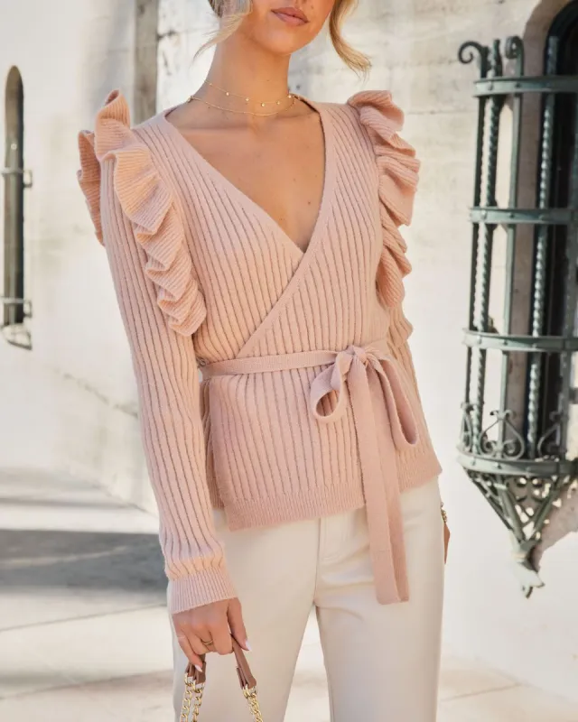 Stay Girly Knit Ruffle Wrap Sweater Top - Nude - FINAL SALE sold by Vici