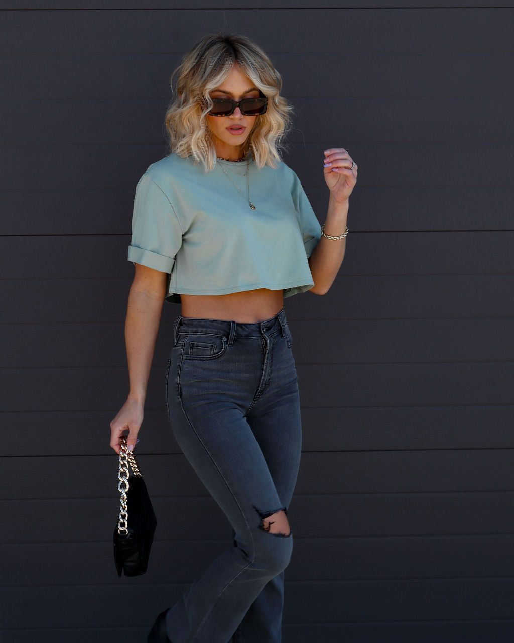Charlize Cotton Cropped Tee - Sage - LAST CHANCE sold by Vici product image thumbnail 7