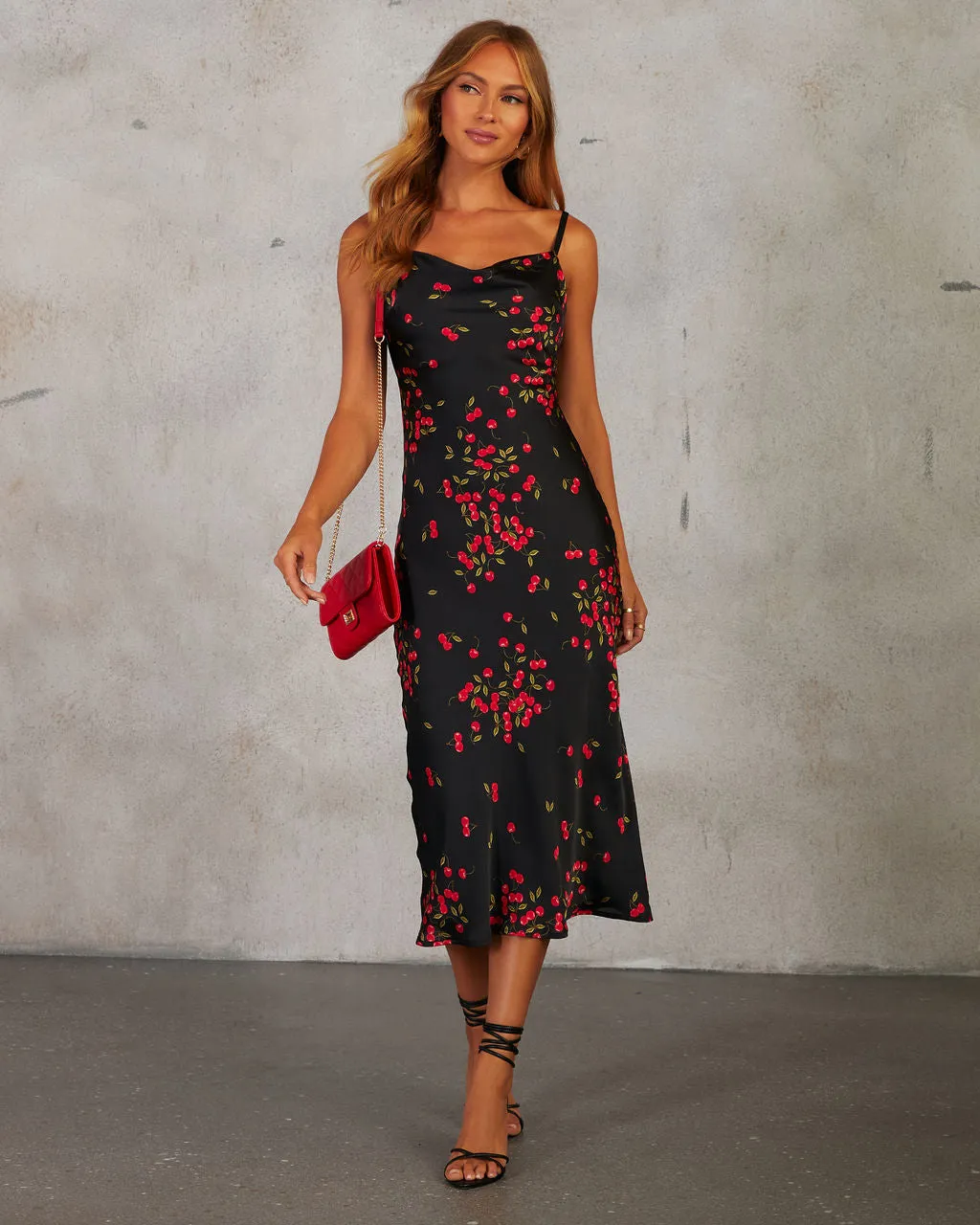 Right On Top Cherry Print Satin Midi Dress sold by Vici product image thumbnail 5